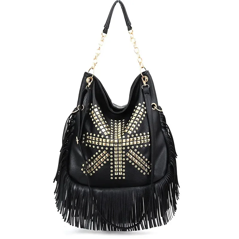 sacs à bandoulière à rivets pour femmes, sacs à main de grande capacité pour dames, sacs de messager féminins à long pompon, marque de créateur, mode initiée