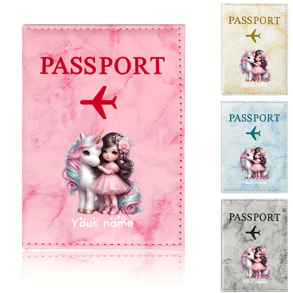 porte-passeport en pu à motif licorne pour fille, avec icône d'avion doré, porte-cartes, portefeuille de voyage, cadeau pour les voyageurs et les professionnels