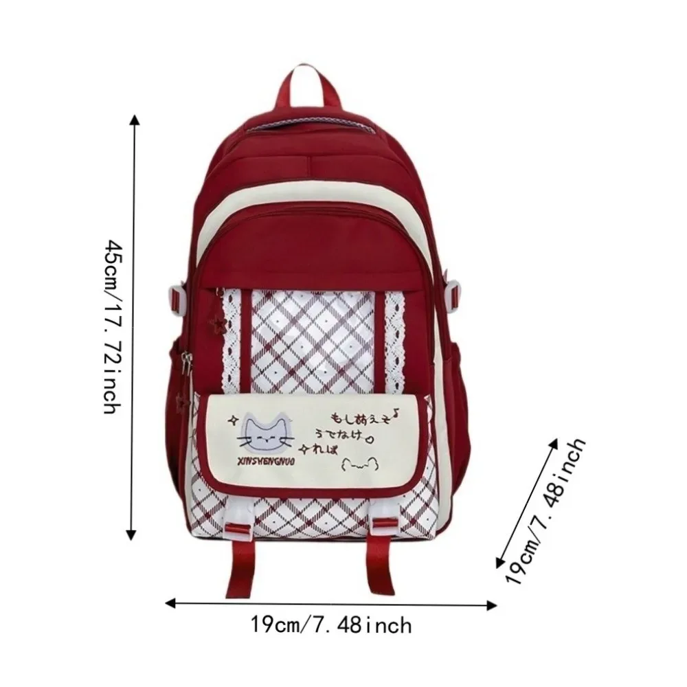 sac à dos en nylon ajouré color-block, grande capacité, mignon, style preppy, transparent, à motif chat et écossais, pour l'école et le shopping