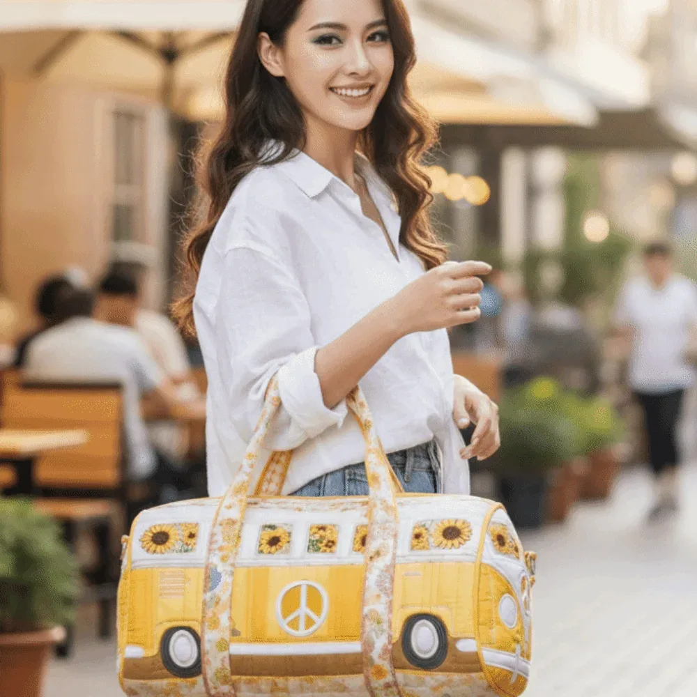 sac de voyage matelassé grande capacité imprimé motif bus, en tissu doux et léger, avec fermeture éclair durable