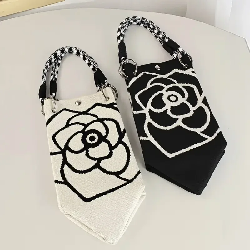 sac à main tricoté à fleurs pour femmes, sac à bandoulière couleur contrastée, sac à main de plage portable pour dames, fourre-tout de shopping