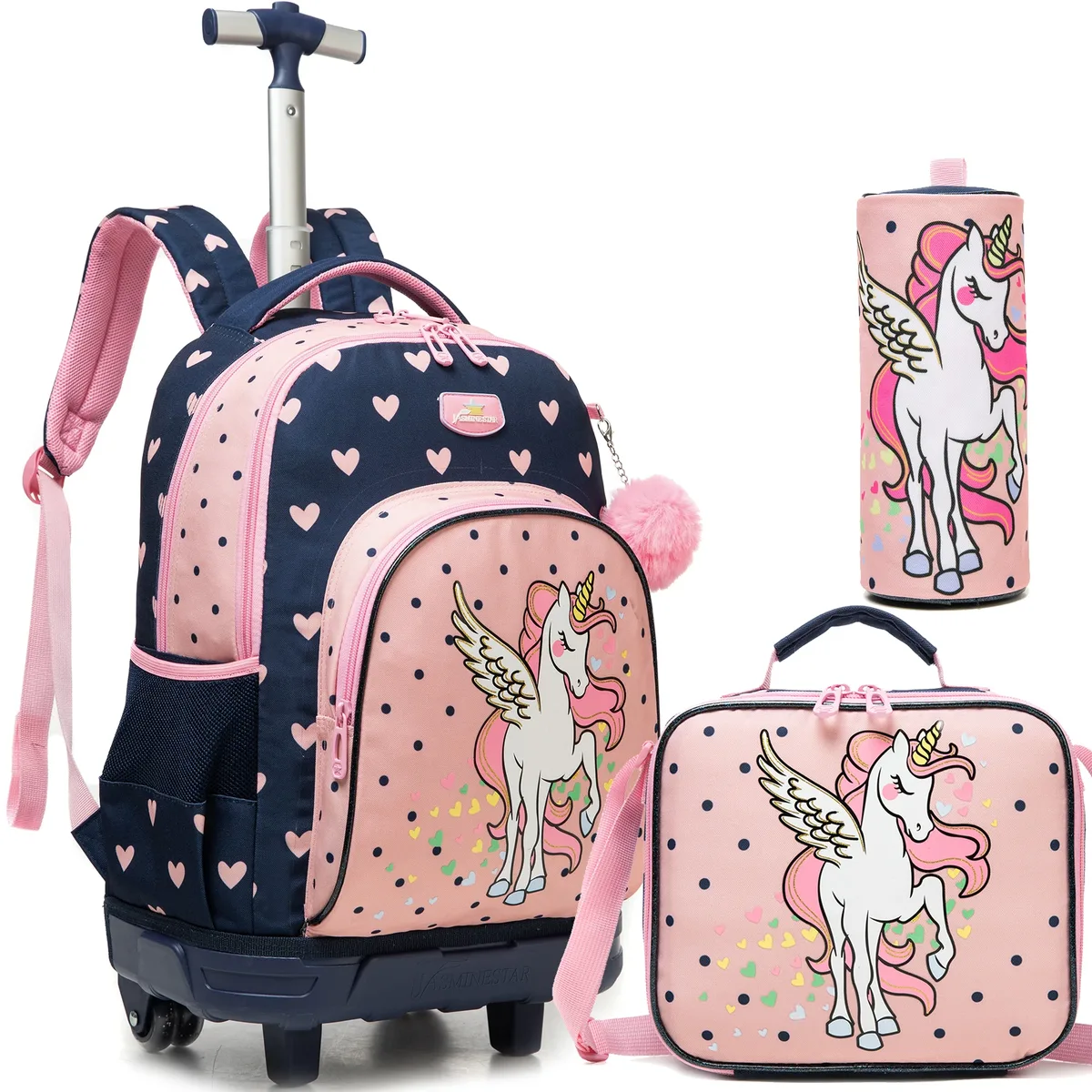 sac dos polyester bleu marine chat rose bicyclette fleurs multicolores grande capacité poche ordinateur portable roues fixes accessoires enfants voyage ecole