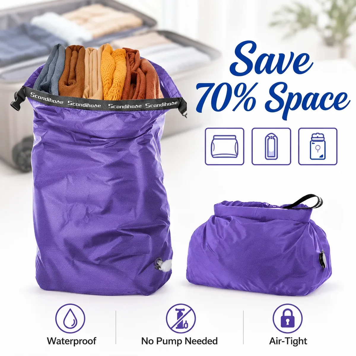 sac de compression sans plis pour le voyage, sac de rangement sous vide étanche, organisateur gain de place pour vêtements, camping, gym, cubes de rangement