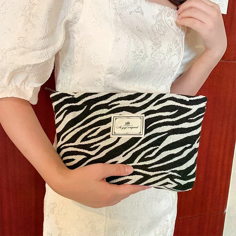 grande trousse de toilette en toile à motif zèbre pour femme, avec fermeture éclair, sac de maquillage de voyage, organiseur de maquillage, pochette de rangement, étui de beauté