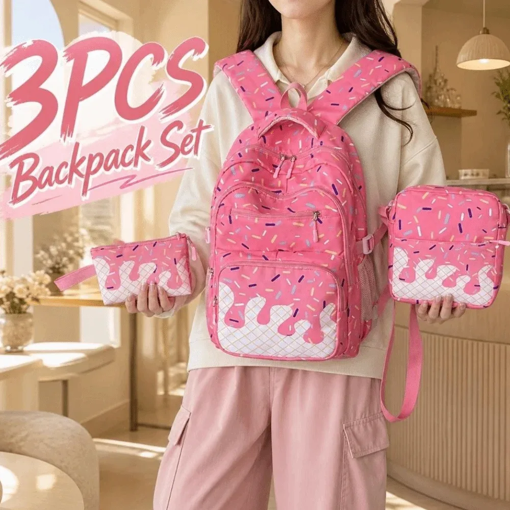 Ensemble de 3 sacs à dos élégants à imprimé crème glacée, légers, imperméables, colorés et durables, pour adolescents.