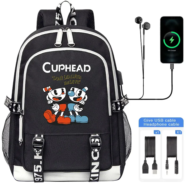 sacoche nylon illustrations cuphead dessin animé noir blanc gris ordinateur portable adolescents étudiants voyager capacité haute bandoulière souple