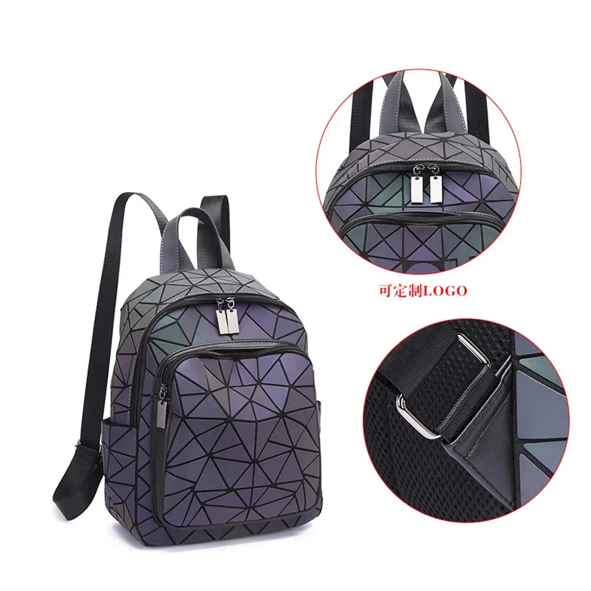 sac dos nylon gris violet motif diamant refléchissant bande souple décontracté grande capacité usage voyage