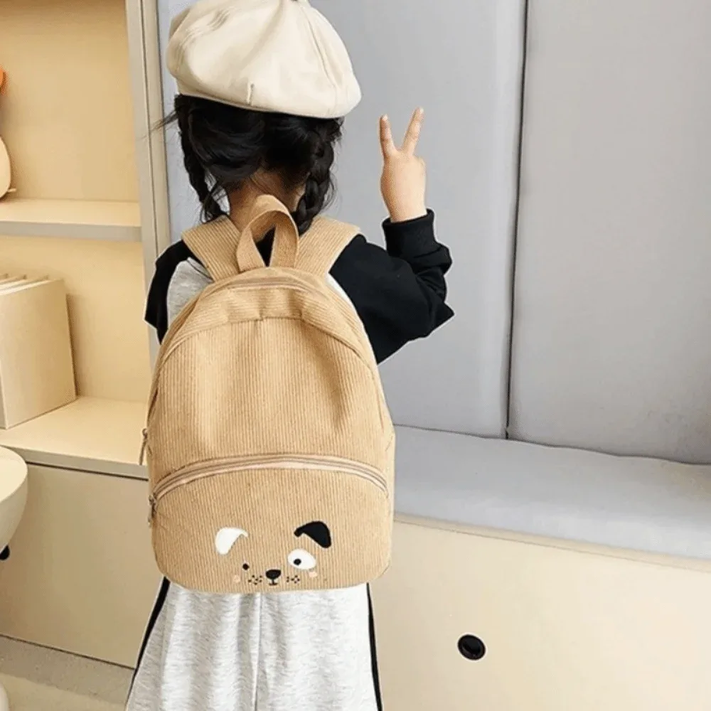 sac à dos simple en velours côtelé pour enfants, motif ours de dessin animé, couleur unie, grande capacité, pour étudiants et femmes