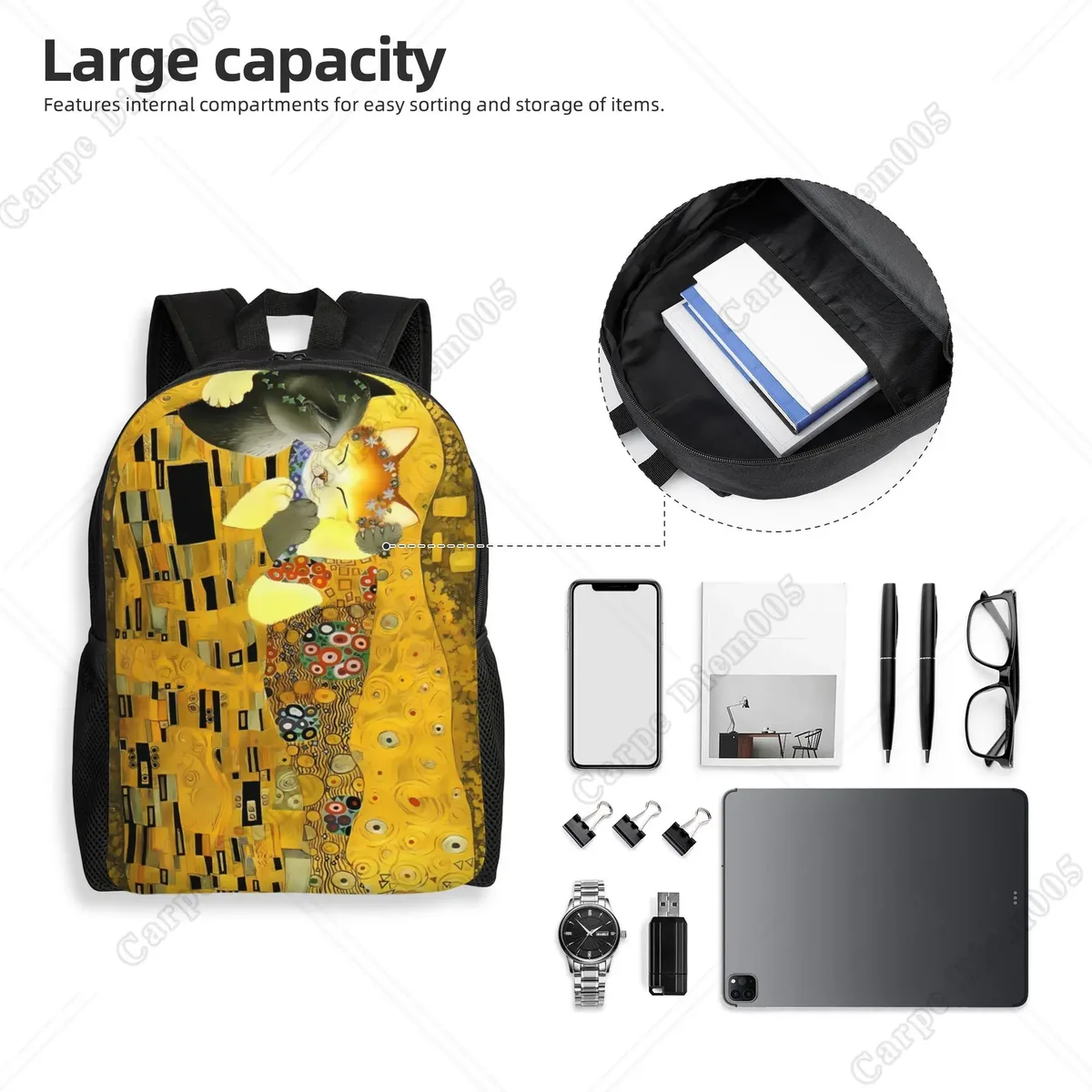 grand sac à dos égyptien kd'appareils cat pour hommes et femmes, sacs d'école, sacs de voyage universitaires, convient pour ordinateur portable 15 ", polyester, randonnée en plein air