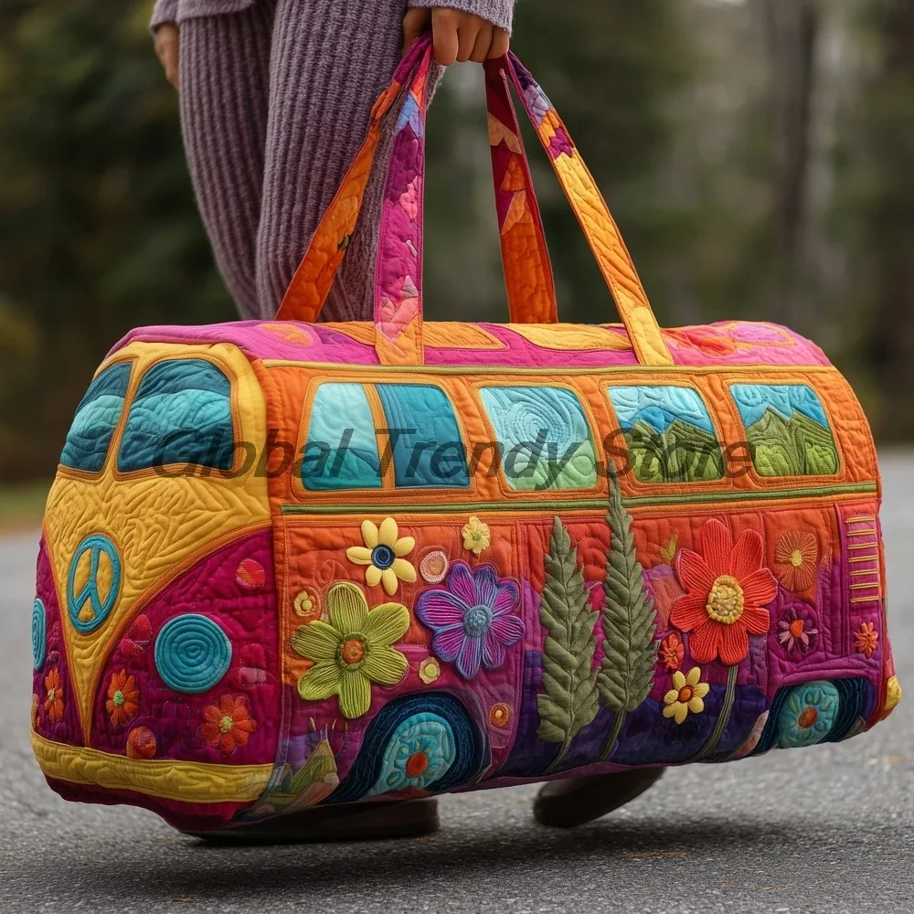 sac de voyage matelassé pour homme, motif floral et bus de la paix, sac fourre-tout décontracté pour femme, sac de week-end