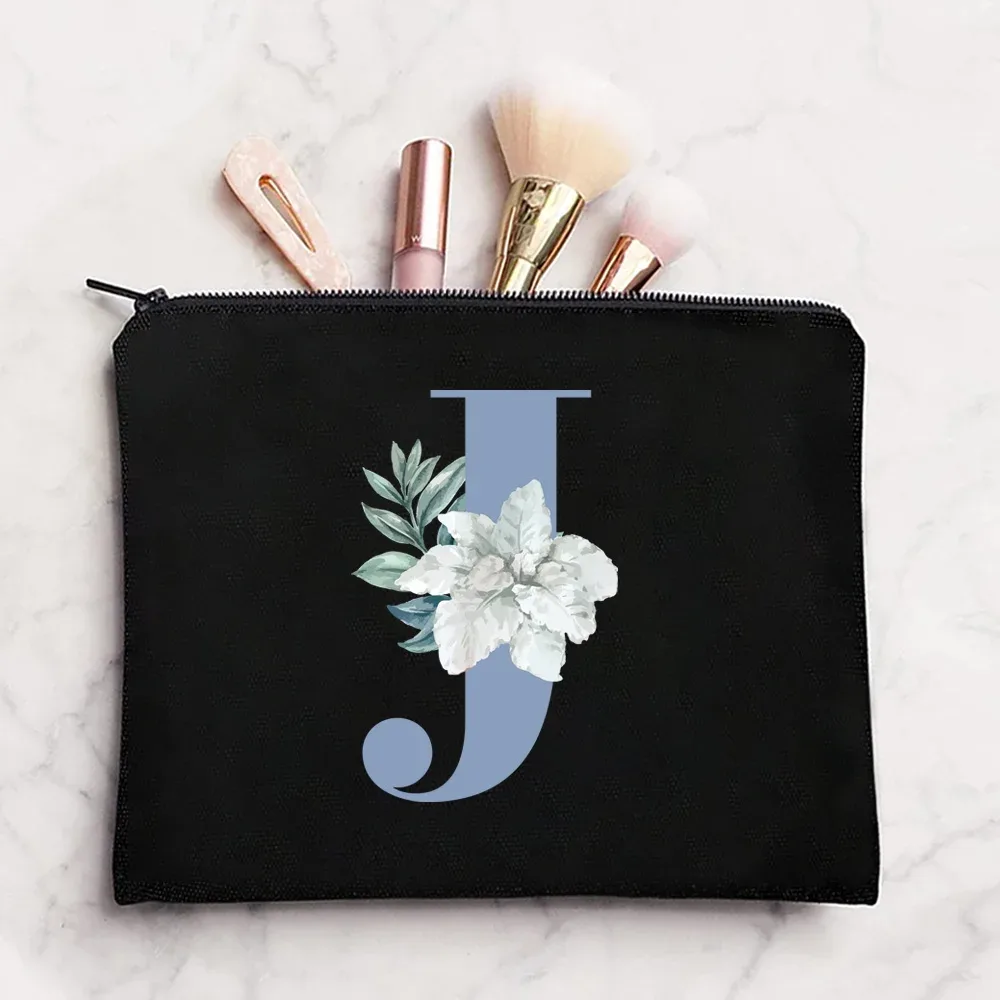 sac à cosmétiques en tissu pour femmes, pochette de maquillage, sac de voyage, rouge à lèvres, étuis de rangement, pochette à fermeture éclair, porte-monnaie de téléphone, initiales bleues imprimées