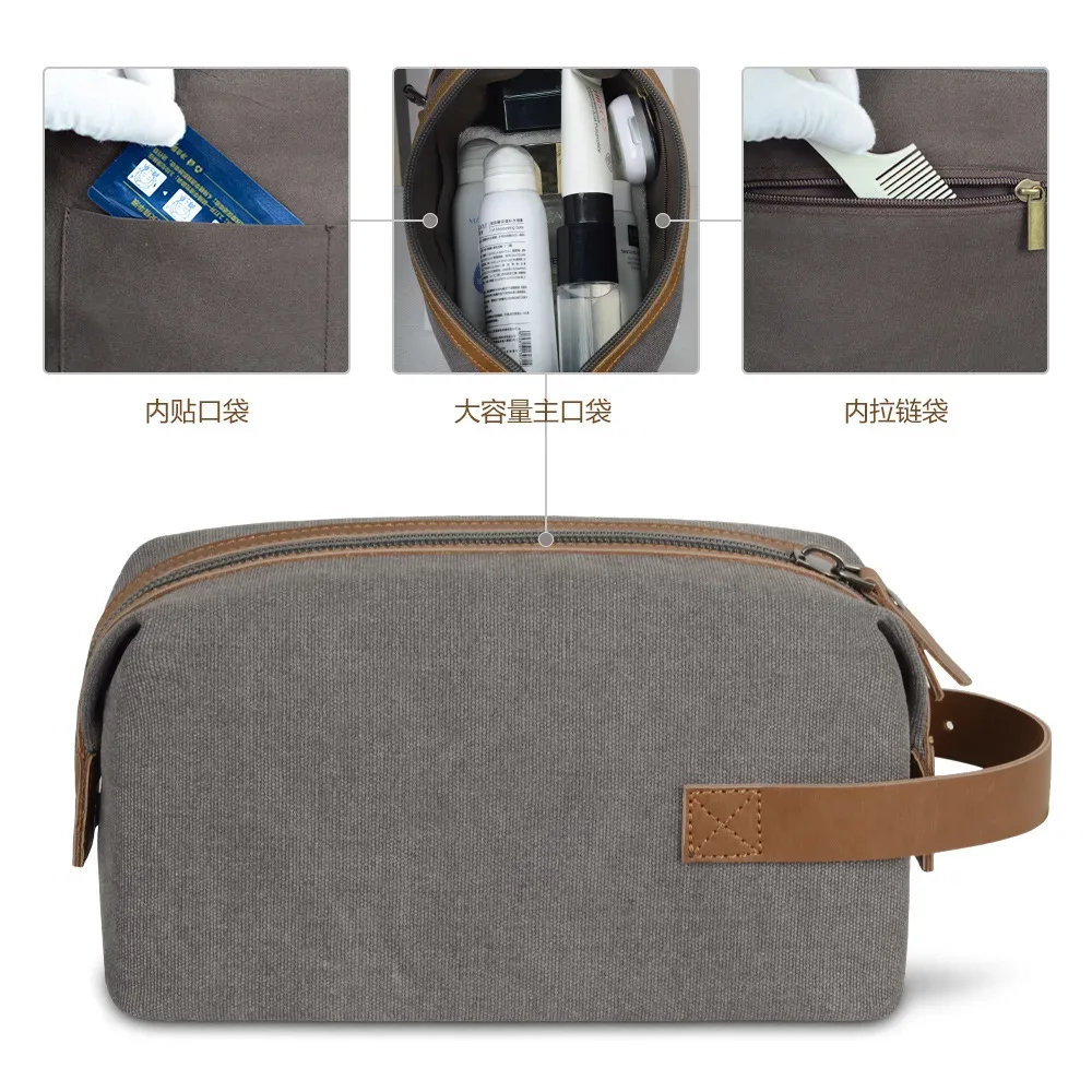 trousse de maquillage rétro de grande capacité, toile portable avec coutures en cuir de cheval fou pour hommes et femmes