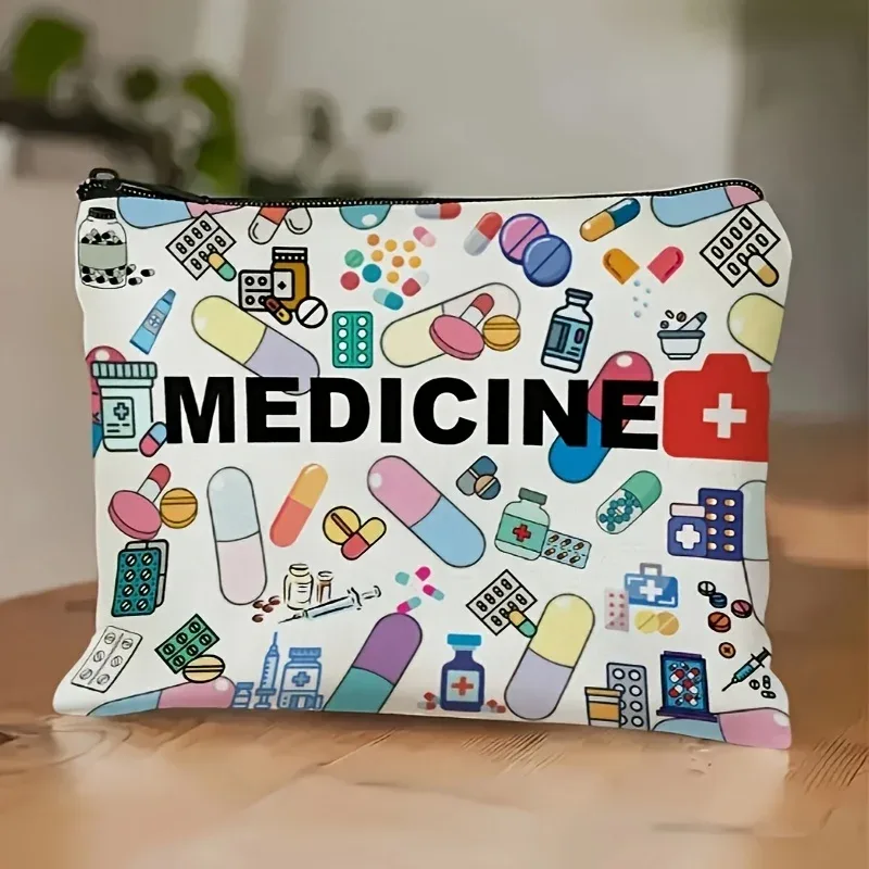 trousse polyester medicale motifs médicaments pilules seringues bandages voyage cosmétiques maquillage sac cosmétique toile decontractee