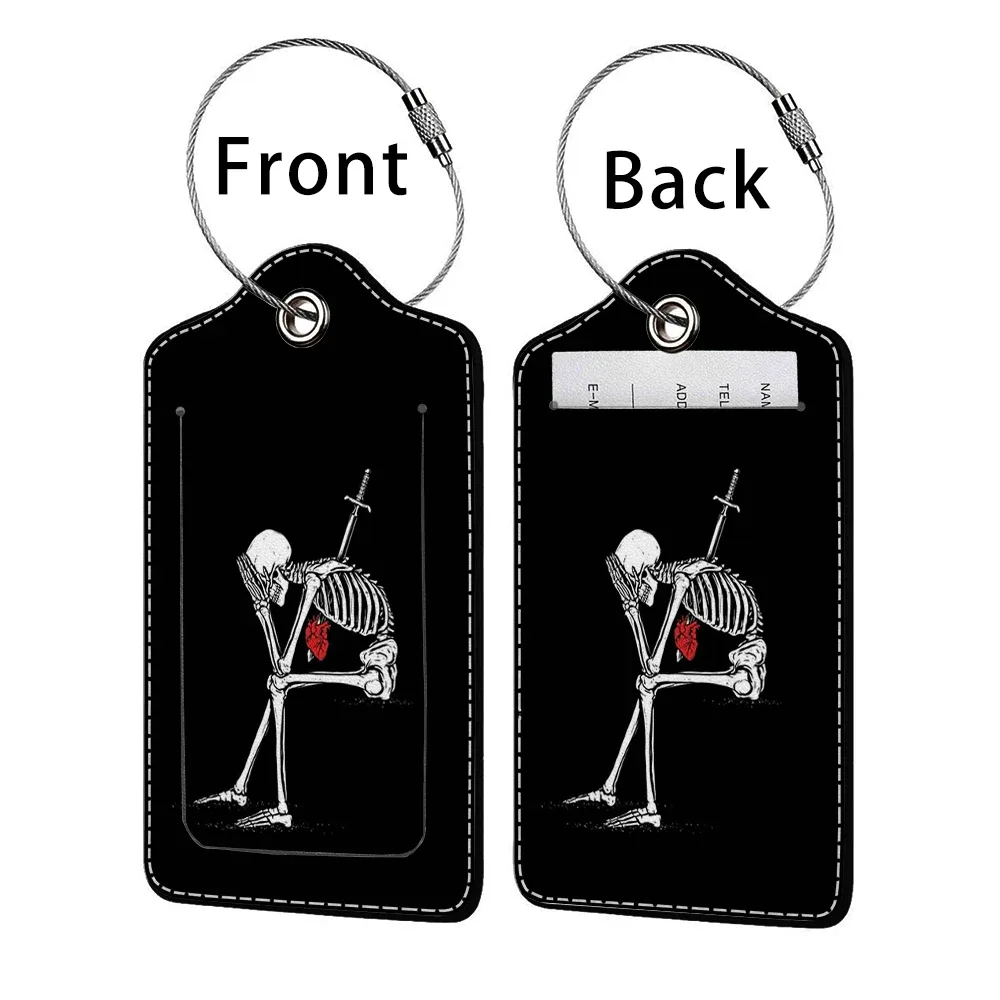 promotion étiquette de bagage en cuir à motif d'horreur, étiquette d'adresse pour valise, étiquette d'embarquement pour bagage, clip pour nom, identifiant et adresse
