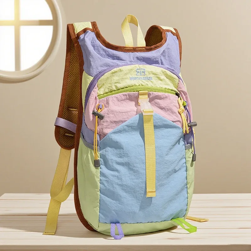 sac à dos color block pour homme et femme, sac de randonnée et de voyage en plein air, sac de sport léger en nylon avec sangle de poitrine et poche pour bouteille d'eau
