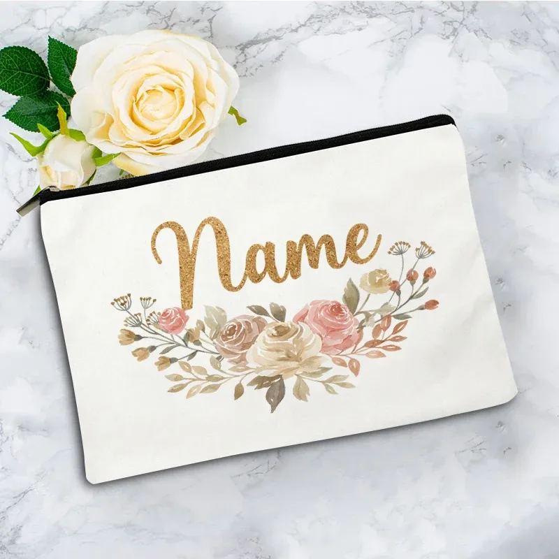trousse toilette toile blanc motif fleurs vert fermeture éclair pliable extensible décontracté femme voyage cosmétiques