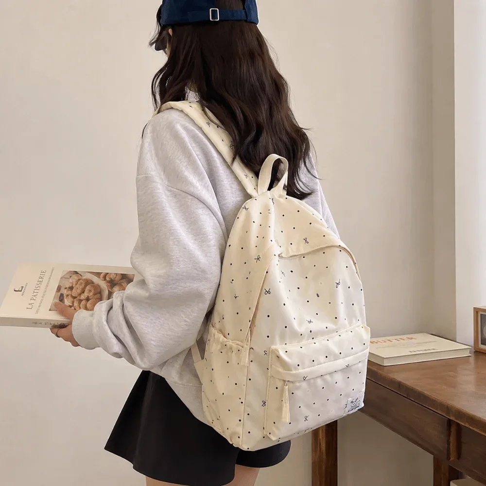sac à dos léger à pois avec nœud papillon, respirant, pour étudiants, sac à dos décontracté polyvalent de grande capacité pour filles