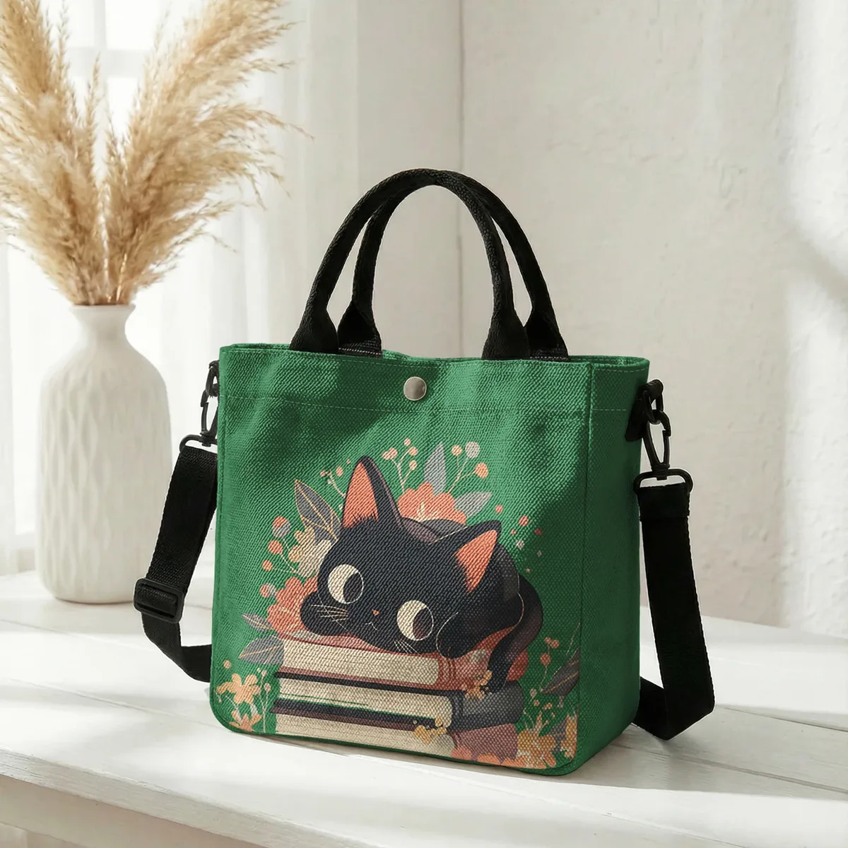 sac fourre-tout à imprimé floral avec chat noir mignon empilé sur des livres, sac à bandoulière détachable pour femme, idéal pour le shopping quotidien