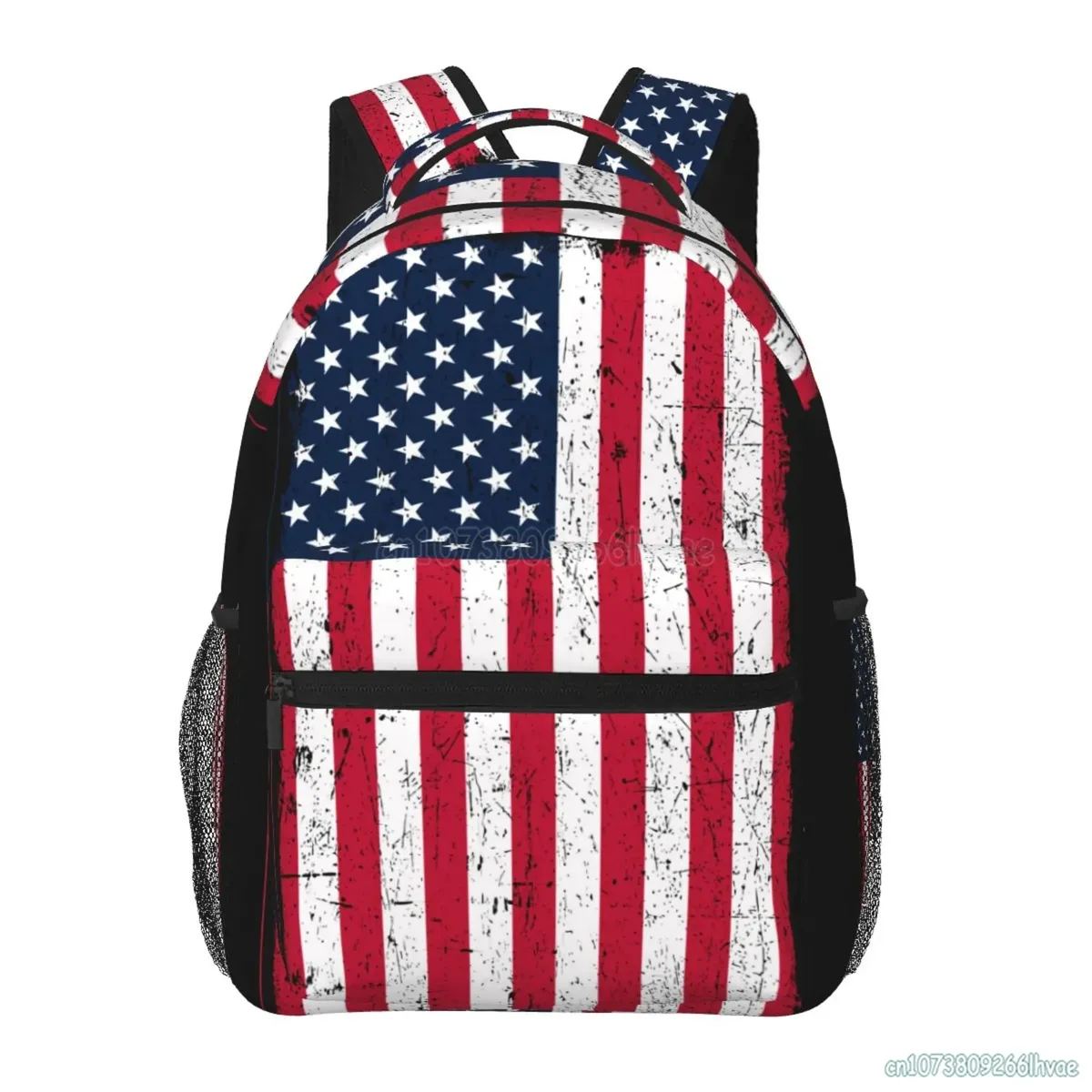sac dos toile polyester noir motif américain rayures bleu rouge vert format rectangulaire poignées latérales fermeture glissière usage voyage école week-end vacances