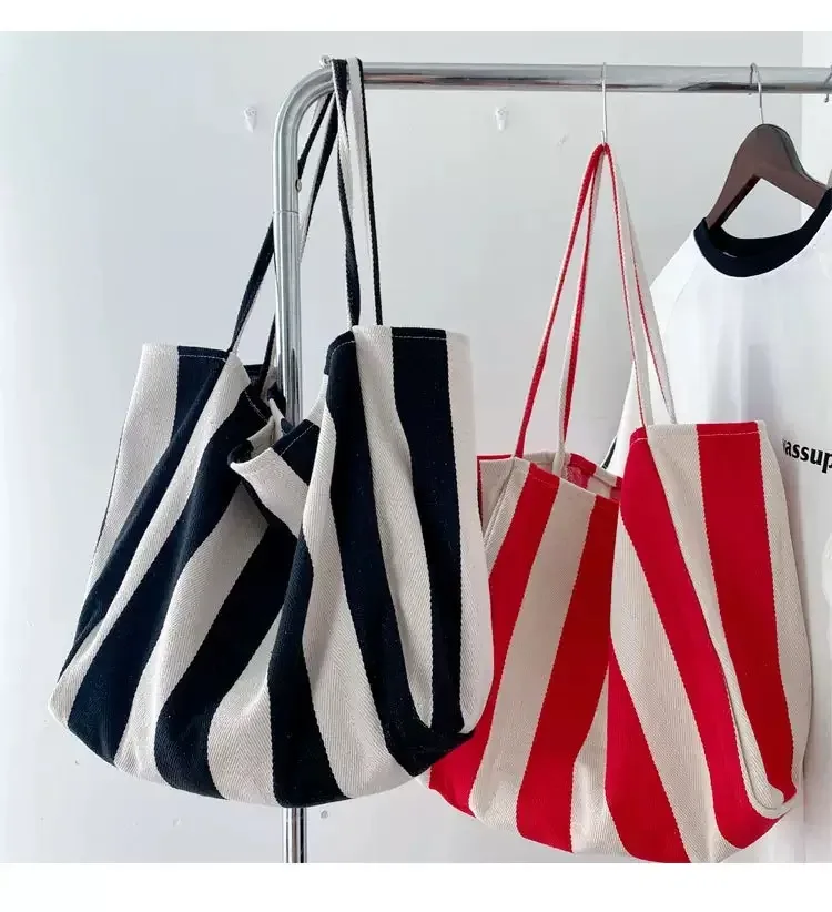 grande capacité style coréen rayure toile sac fourre-tout femme décontracté simple sacs à bandoulière shopping sac à main quotidien fourre-tout sac