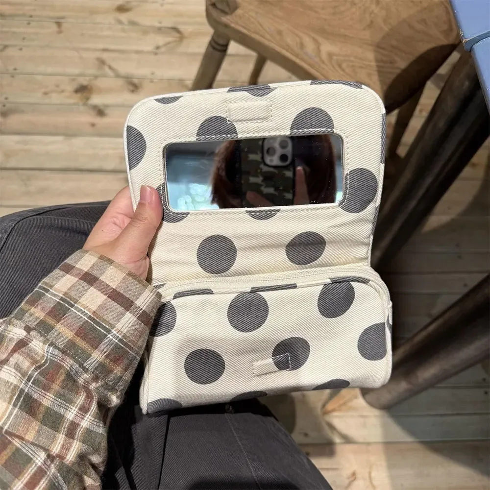 sac cosmétique portable en toile à pois, rayures roses, grande capacité, sac pour petits objets, multifonctionnel avec miroir de maquillage, organisateur de voyage