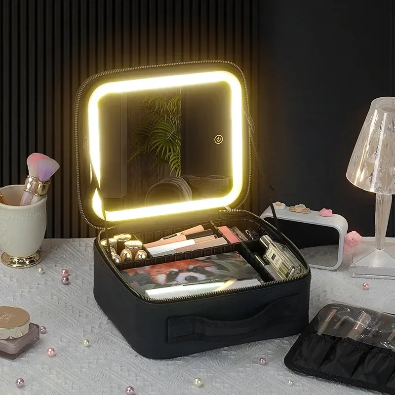 trousse de maquillage grande capacité avec miroir et lumière led, sac de retouche portable professionnel, style ins, couleur unie, autres matériaux