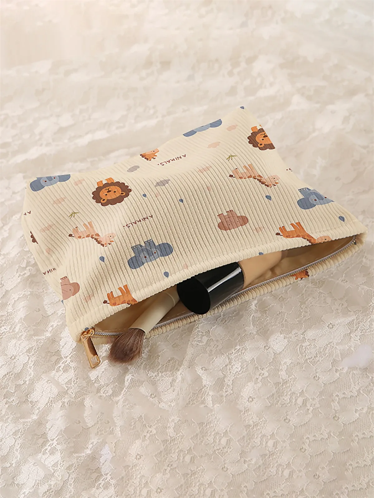 1. trousse de maquillage en velours côtelé à motifs animaliers, boîte de rangement légère à fermeture éclair, sac multifonctionnel avec doublure