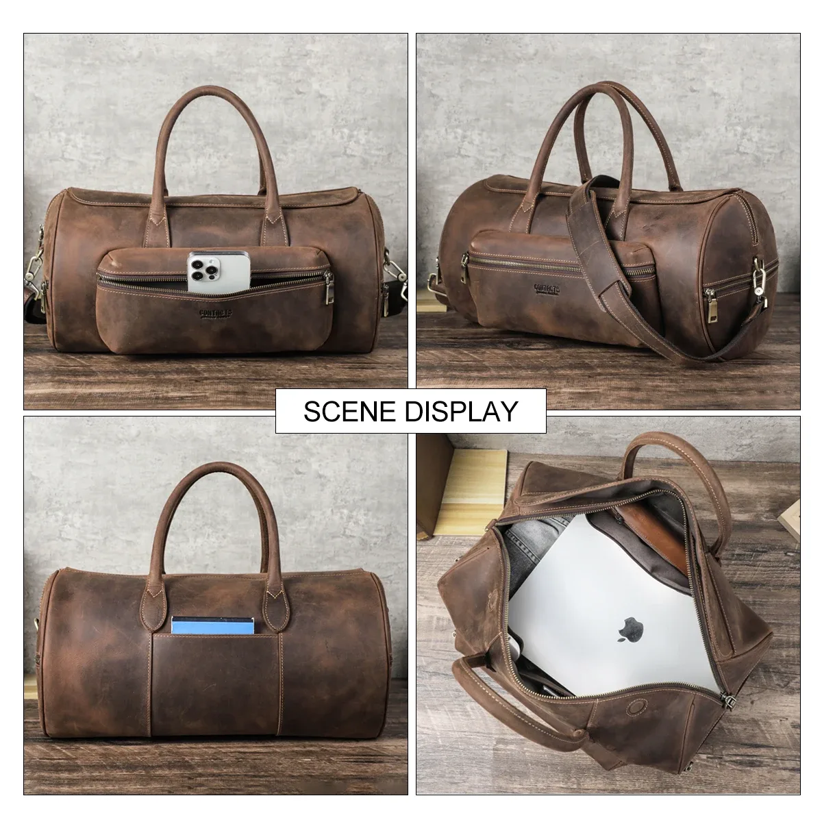 sac dos cuir vache crazy horse marron bandoulière amovible poignée supérieure zip doré forme ovale polyvalent homme
