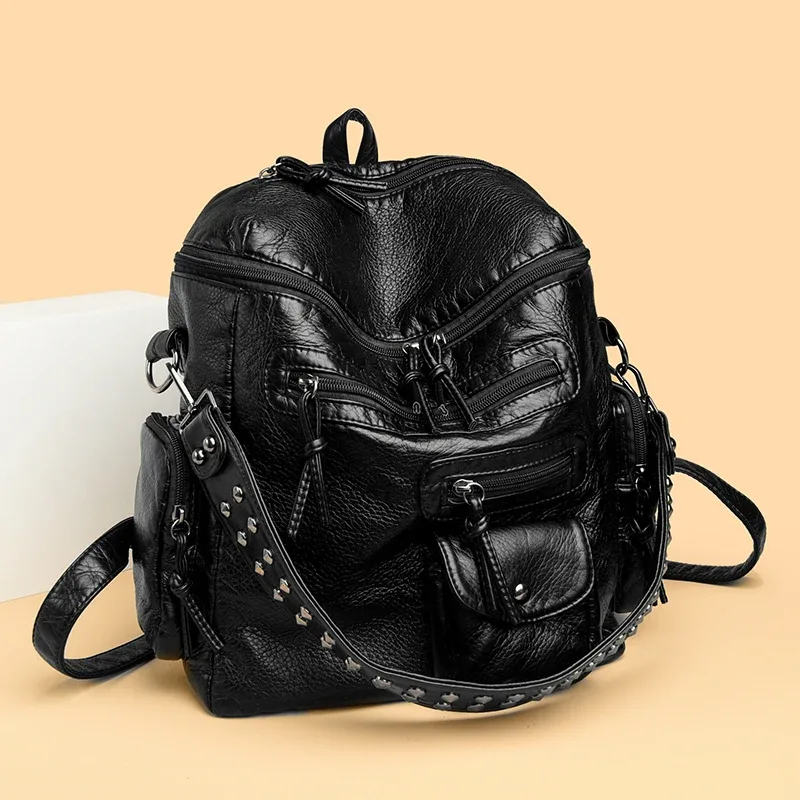 Sac Dos Cuir Matière Similaire Noir Bleu Gris Marron Poches Multiples Rivets Dorés Décontracté Imperméable Voyage École Collège