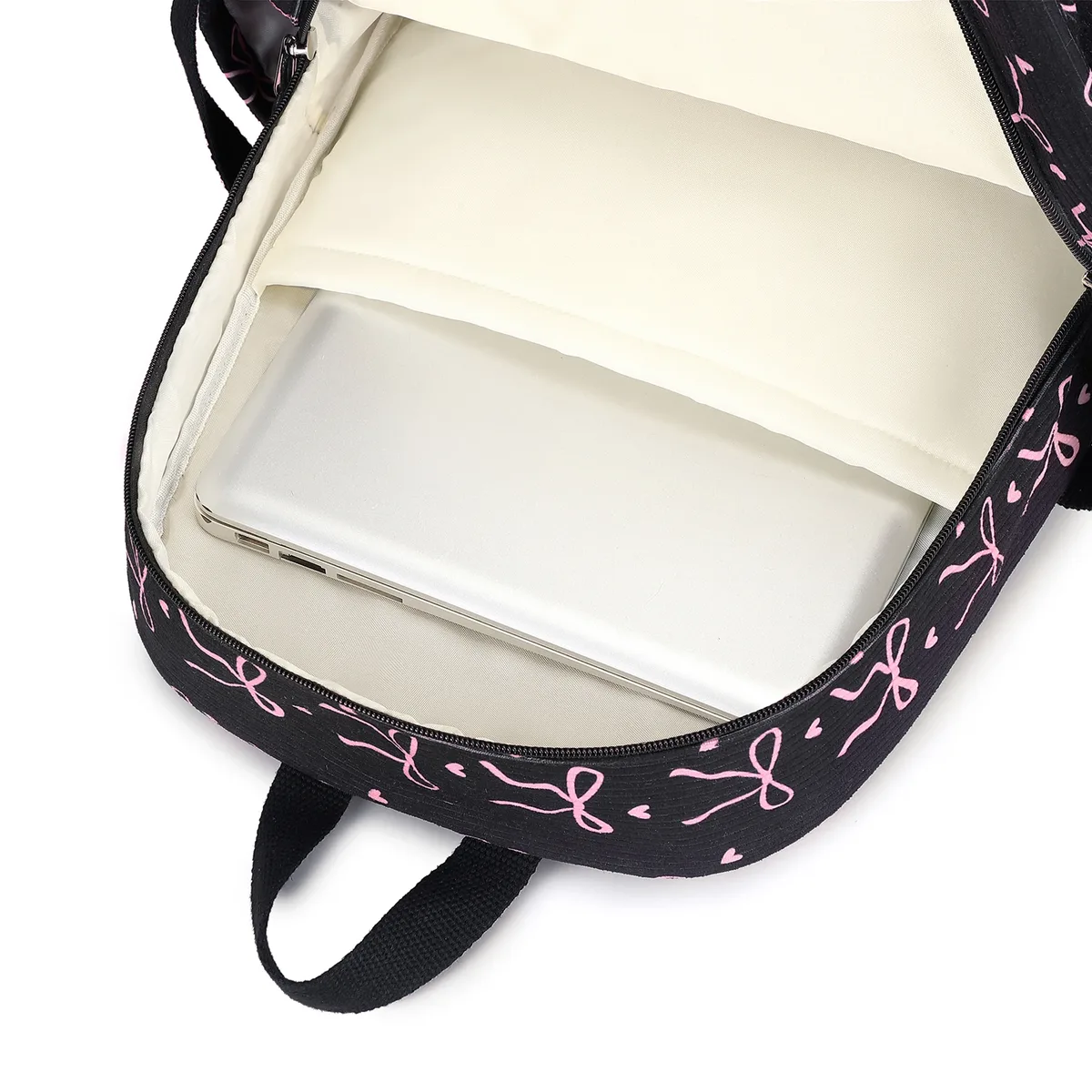 sac à dos en velours côtelé avec nœud mignon pour femme, sac à dos multi-poches avec sac à lunch et trousse à crayons, grande capacité, sac à dos de voyage décontracté
