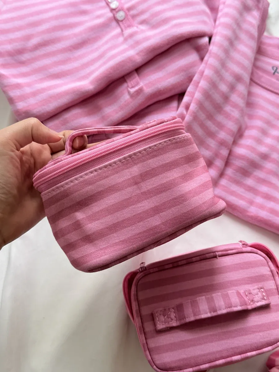 trousse de maquillage rose rayée pour femme, sac de voyage cosmétique portable vintage avec miroir et fermeture éclair, pochette de toilette mignonne et douce pour filles