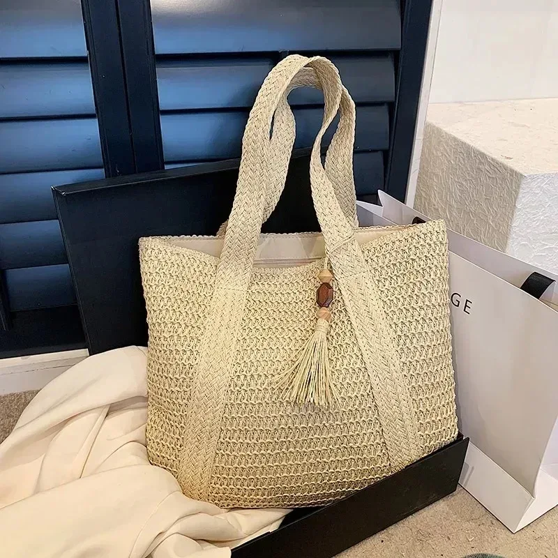 sac à main élégant en paille tressée pour femme, sac fourre-tout rétro à poignée supérieure, sac à bandoulière décontracté pour la plage, les vacances et les trajets quotidiens