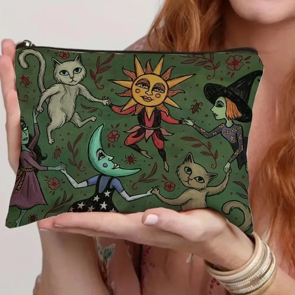trousse polyester fantaisiste chats sorcière soleil lune vert étudiante cosmétique maquillage stylos rangement voyage