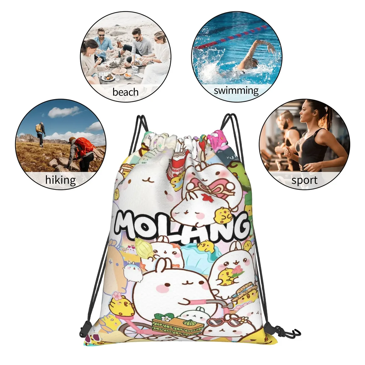 sac à cordon de serrage molang cartoon, sac à dos vintage résistant à l'eau, sac de sport pour femmes