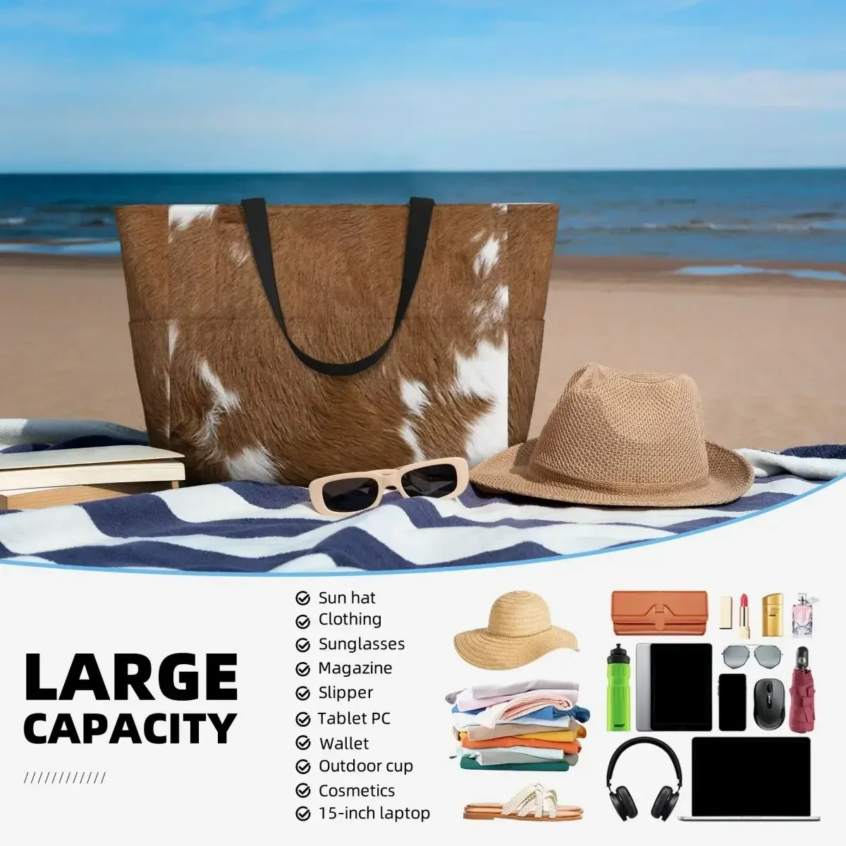 sac de plage élégant en fourrure de vache, texture cuir de vache, motif imprimé peau de vache, sac de yoga, grand sac fourre-tout, sac de voyage pour femme, sac de fitness