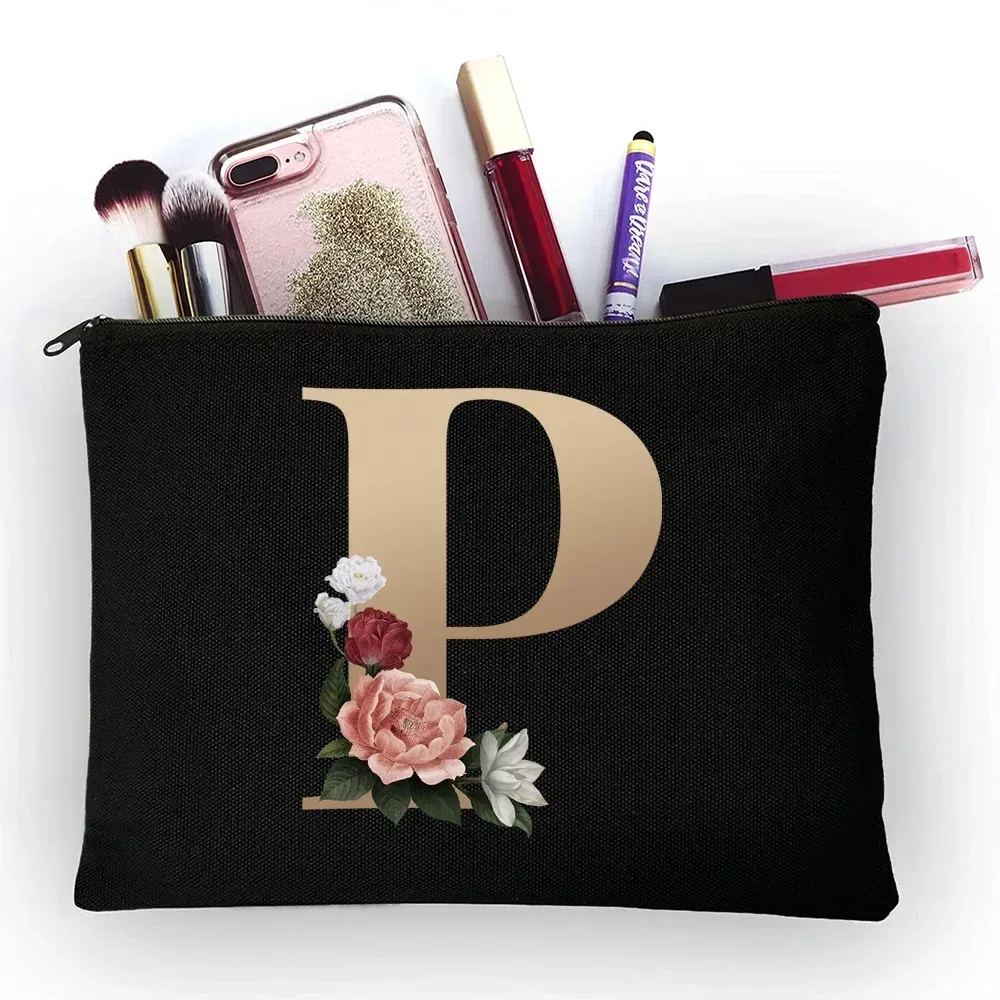trousse de maquillage pour filles, sac de rangement classique à motif de lettres dorées, pochettes pour sacs de voyage, pochette à cosmétiques pour femmes