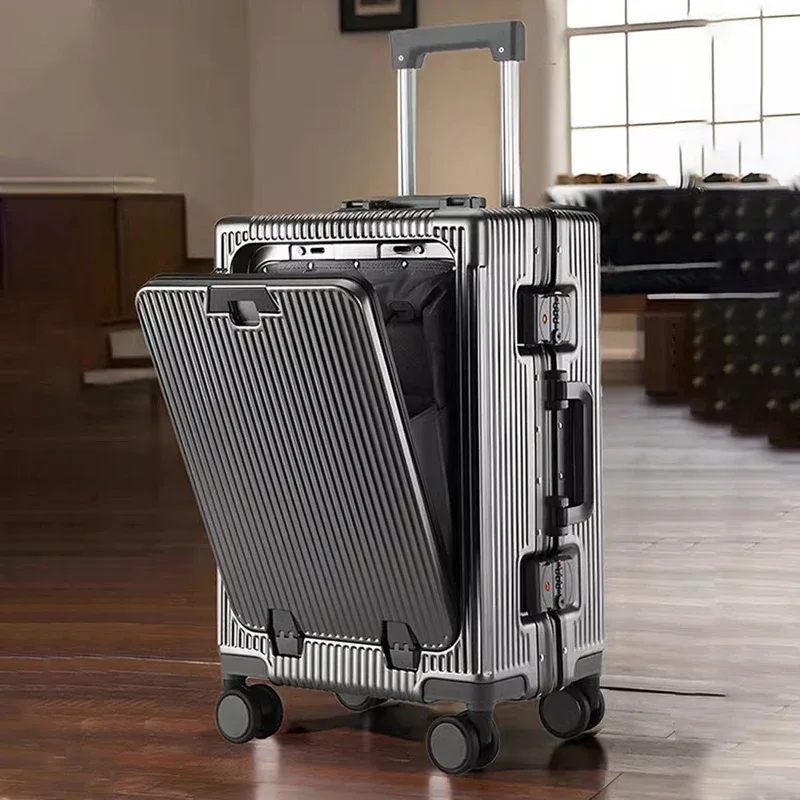 nouvelle valise ouverture avant pochette d'ordinateur cadre en aluminium bagages avec port usb mot de passe boîtier de chariot valises de voyage 20-28 pouces