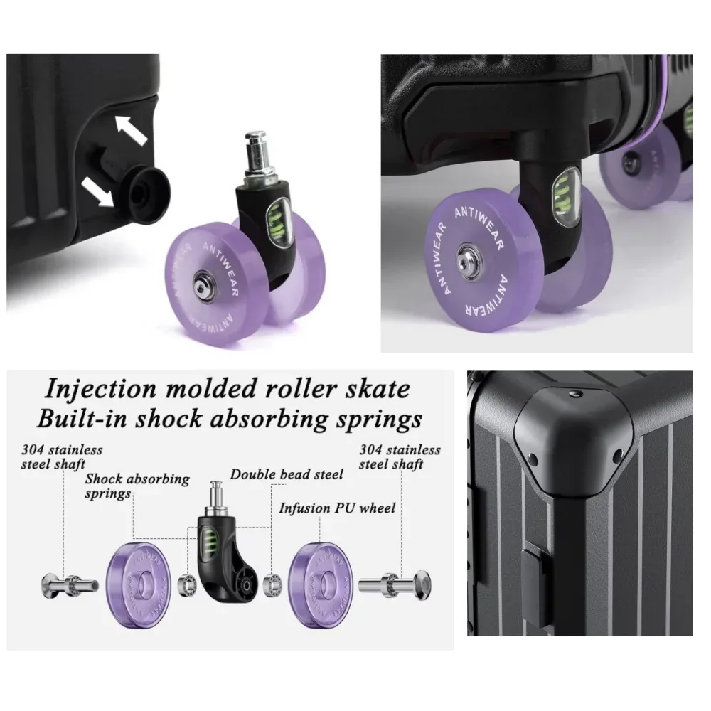 valise pc aluminium roues pivotantes silencieuses serrure tsa compartiments internes couleur noire ligne dorée grande capacité voyage