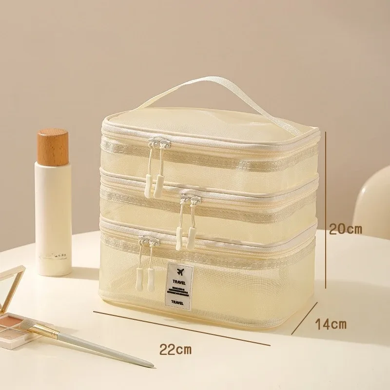 nouvelle trousse de toilette en maille, trousse de maquillage de voyage grande capacité à 3 couches, sac de rangement portable pour voyages d'affaires zy524