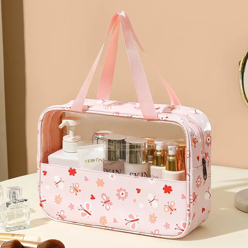 4 pièces sac de maquillage en pvc fleur imprimé sac à main de lavage transparent pochette cosmétique de voyage étanche trousse de toilette pratique porte-monnaie