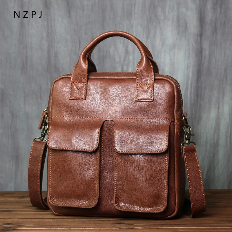 nzpj – sac à main rétro en cuir pour hommes, nouvelle couche supérieure verticale en peau de vache, sac messager à bandoulière simple, porte-documents d'ordinateur pour facteur