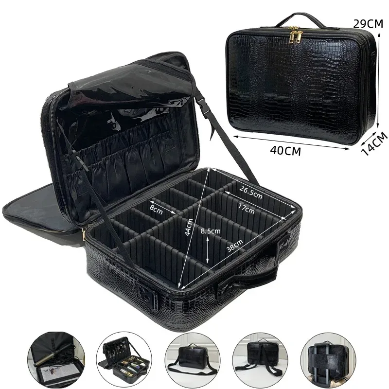 nouveau sac cosmétique en cuir pu crocodile boîte de maquillage professionnelle grande capacité stockage voyage toilette valise de maquillage