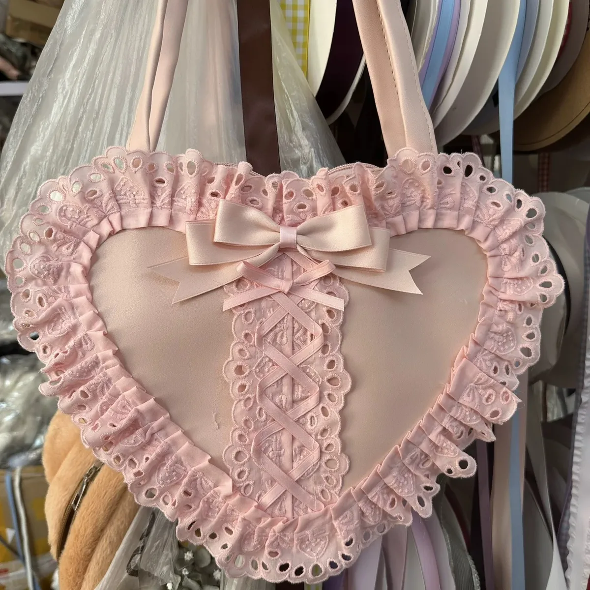 lolita fait à la main amour coeur dentelle fleur mignon sac à bandoulière douce fille étudiants arc fourre-tout sacs à main