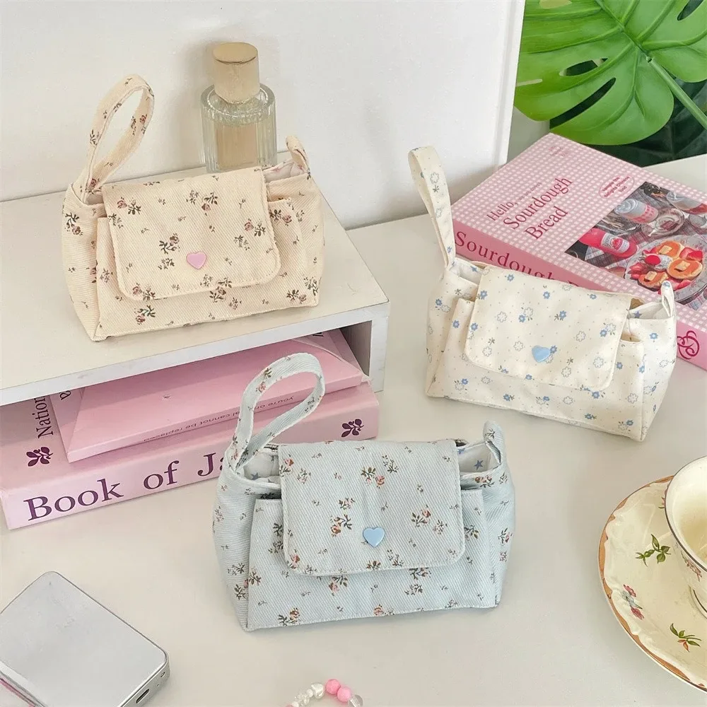 trousse de toilette en toile multi-poches pour femme, motif floral mignon, sac de voyage multi-couches pour cosmétiques, trousse de lavage