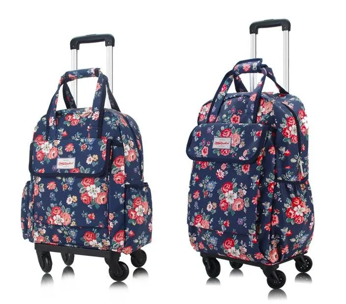 sac dos oxford université motif floral roses rouges fond bleu nuit toupie roulettes transport voyage femmes