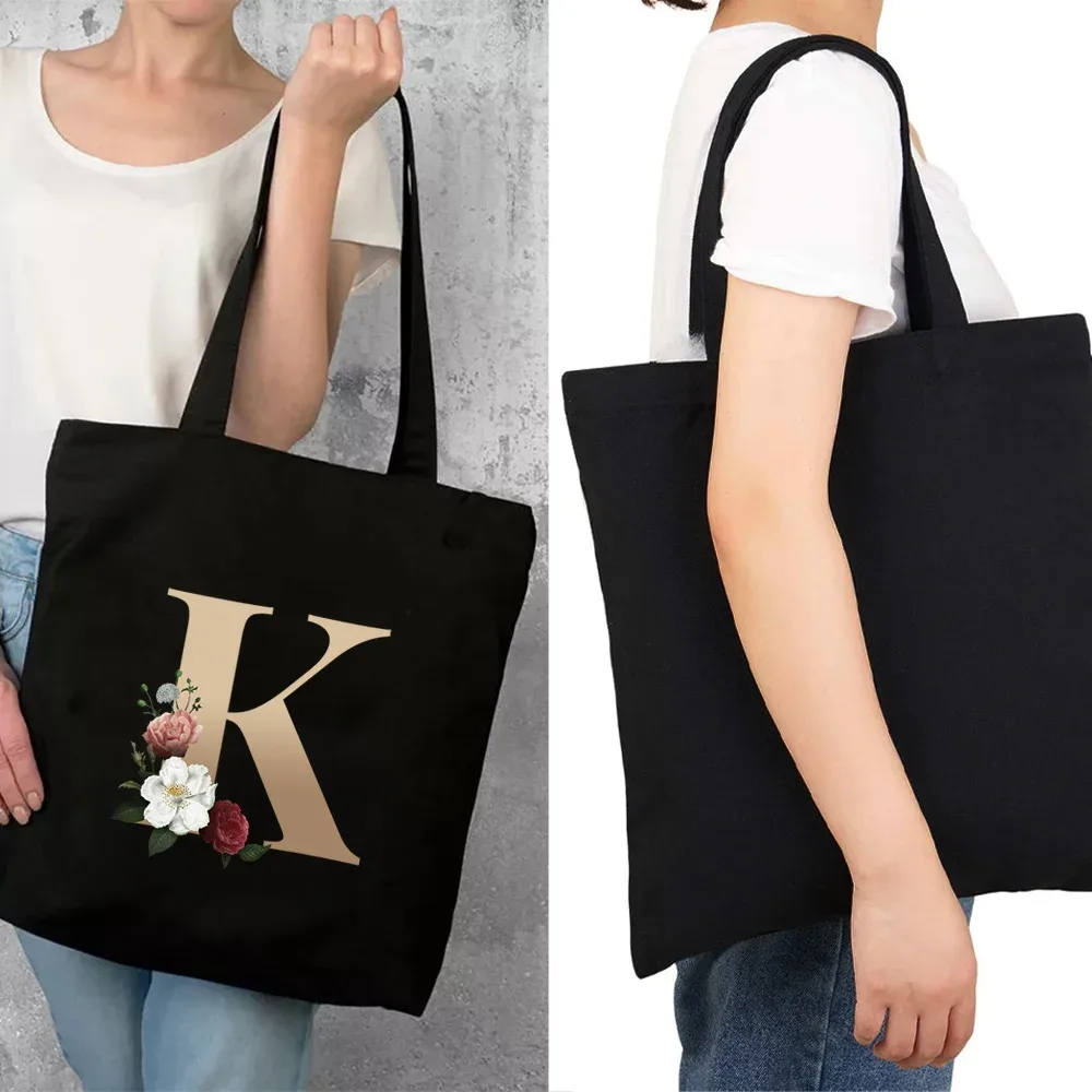 Sac de Shopping écologique pour femmes, sac à bandoulière Portable pliable noir, sac à main réutilisable de grande capacité avec lettres, fourre-tout Bolsos