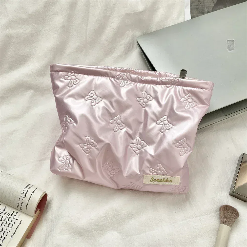 sac à cosmétiques matelassé coréen en pu avec nœud d'amour, pochette pour produits de soins de la peau, poche intérieure, sac de rangement multifonction pour maquillage et rouge à lèvres