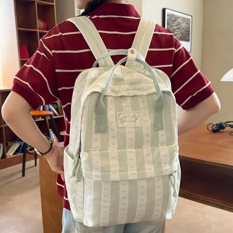 sac à dos en nylon à rayures et imprimé nœud pour femme, léger, mignon, pour étudiante, sac d'école, sac à dos de voyage quotidien pour ordinateur portable a4