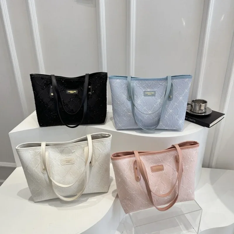 sac fourre-tout minimaliste pour femme, sac à main grande capacité en dentelle élégante avec bandoulière en cuir, sac décontracté à porter sous le bras, idéal pour les trajets quotidiens