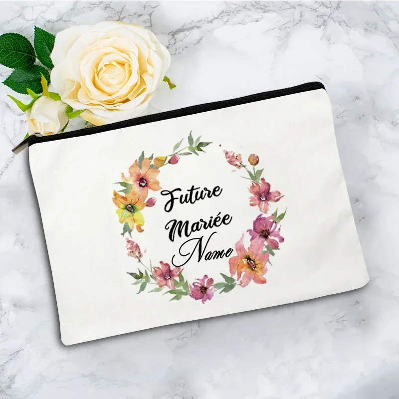 pochette zippée à motif floral pour femme, sac de voyage, organisateur en toile, trousse de maquillage, cadeau pour enseignant avec nom personnalisé lady f